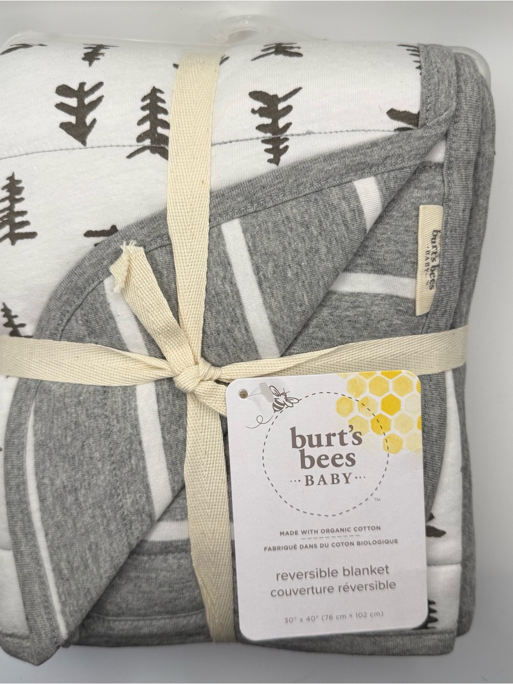 NWT Burt’s Bees Baby Pine Forest Reversible Organic Cotton Blanket Gray Unisex